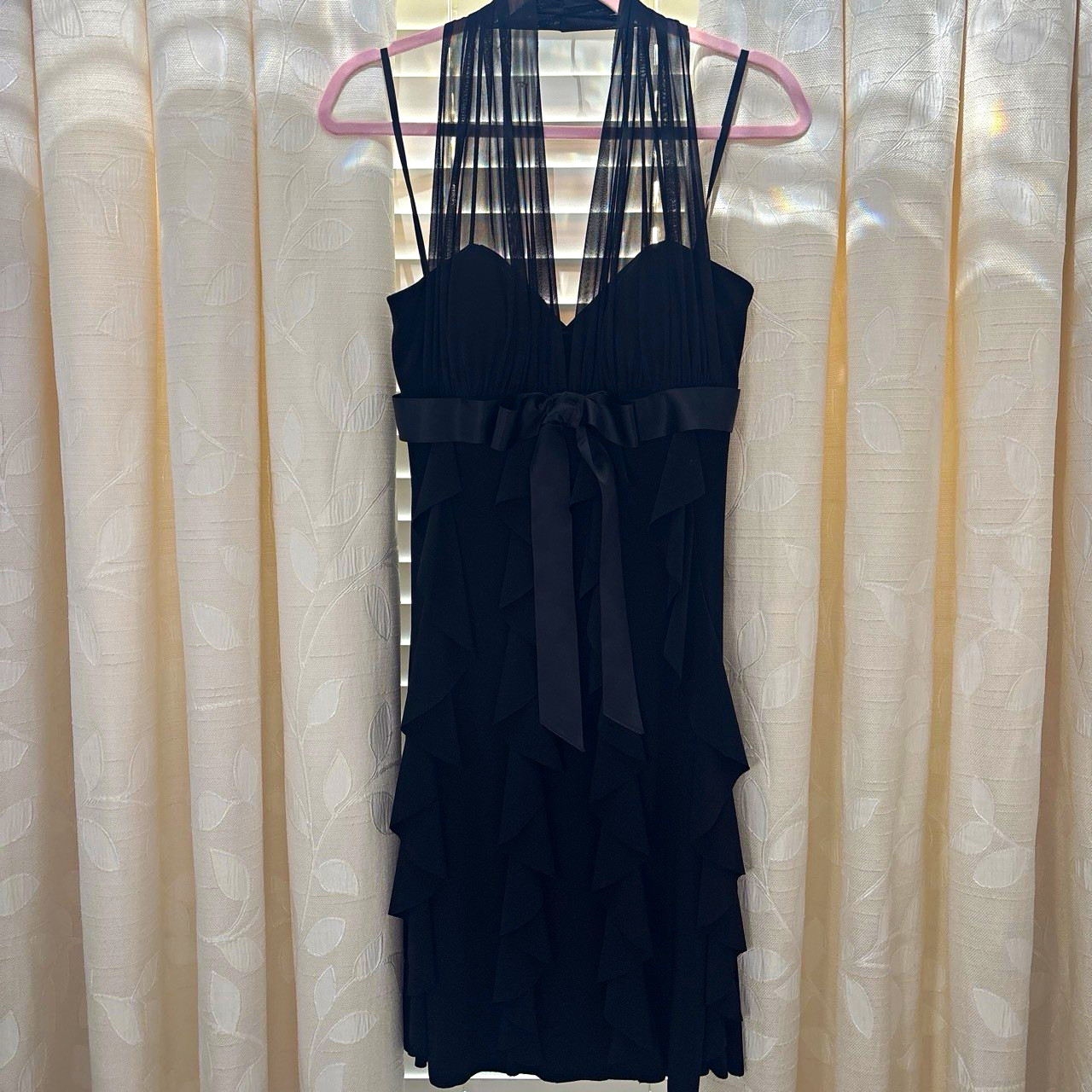 Betsy & Adam Black Chiffon Sweetheart Strappy Bow Sheath Dress Size 8