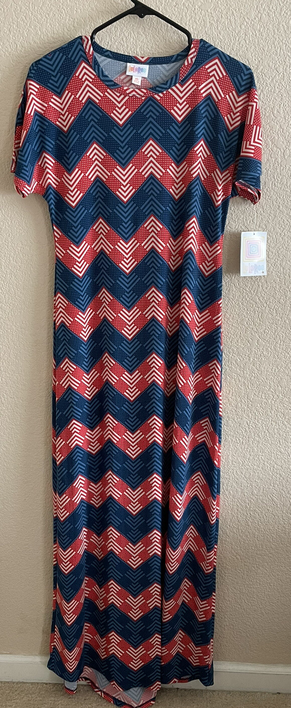 Lularoe Maria Maxi Dress Women’s XS Red White Blue 4th of July Boho Zigzag