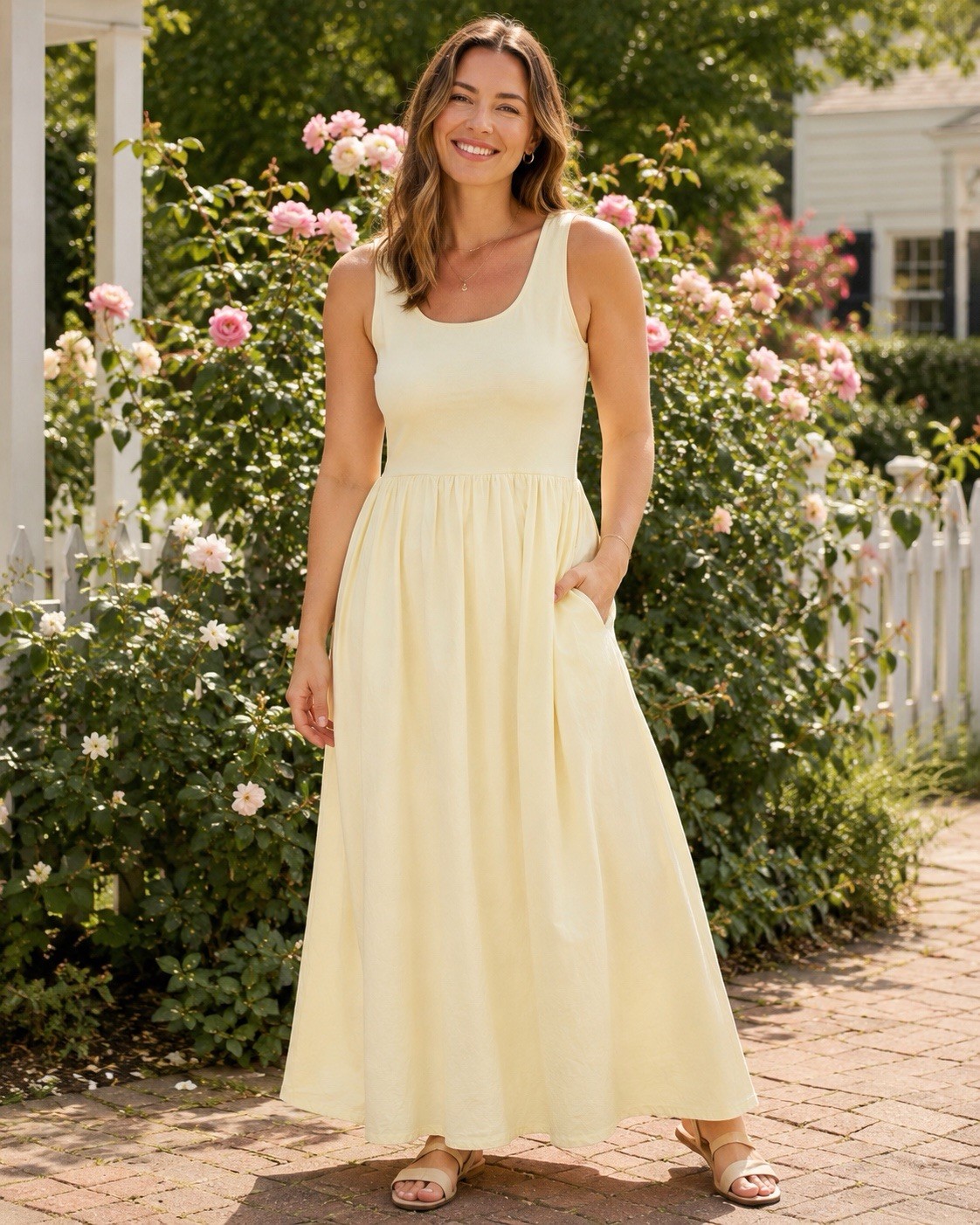 Quince Cotton Mixed Media Maxi Tank Dress XL Organic Cotton Pale Yellow *READ*