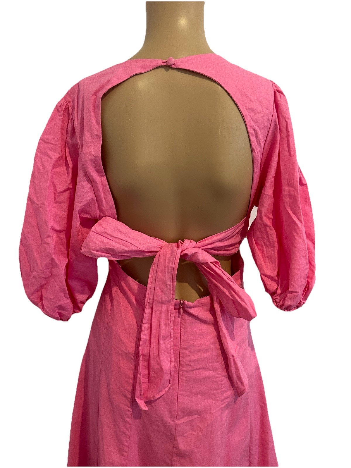 All About May Womens Pink Linen Midi Dress Back Cut Out Puff Sleeve Size 10 New