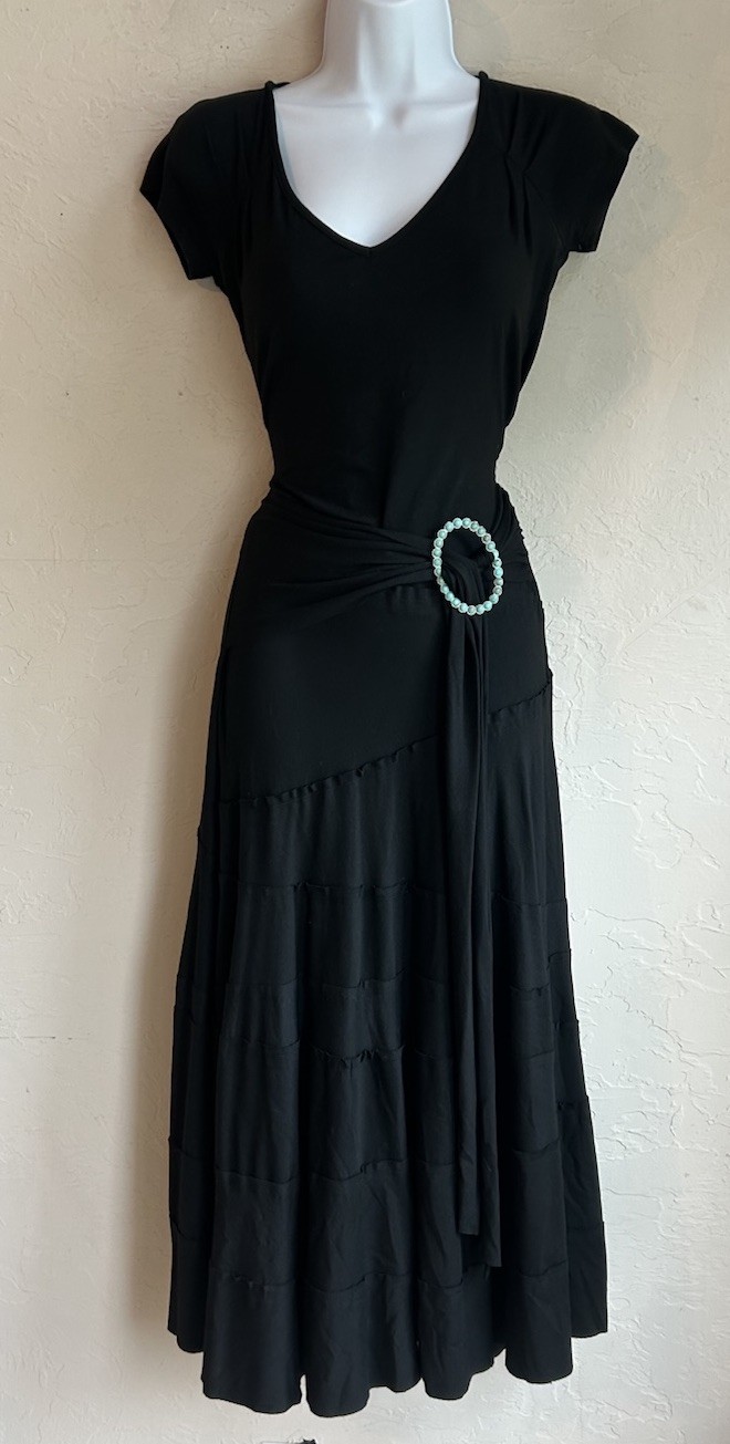 Karen Kane Tiered Black Midi Dress S Romantic Western Belted Bohemian Festival