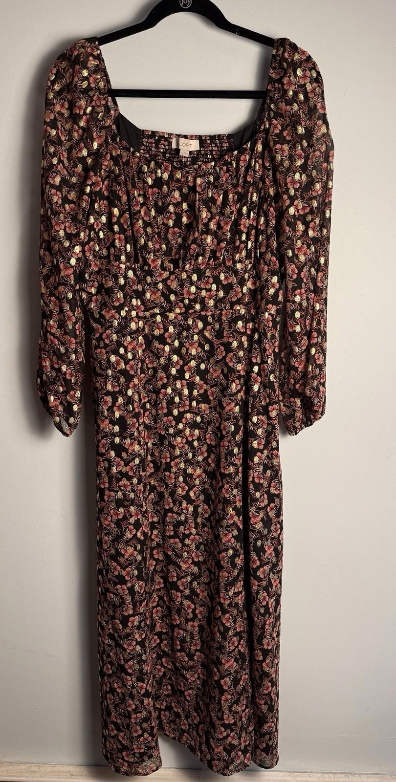 LOFT Dress Shimmer Dot Square Neck Midi Black Gold Pink Slit Sheer Size 12 NWT