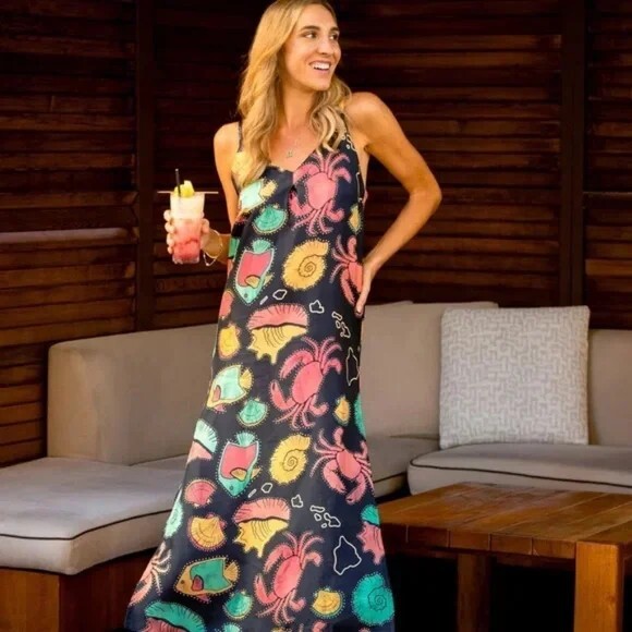 NEW Kenny Flowers THE BIG ISLAND SILK FISH PRINT RESORT MAXI DRESS Size XS