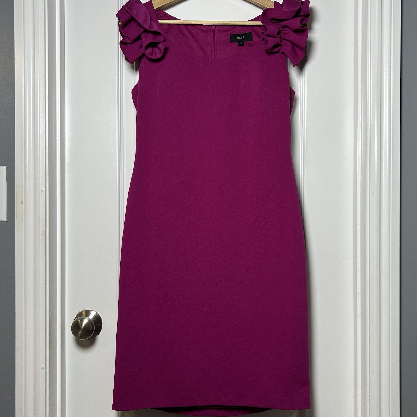 Maia Magenta Scuba Knit Rosette Shoulder Fitted Sheath Dress
