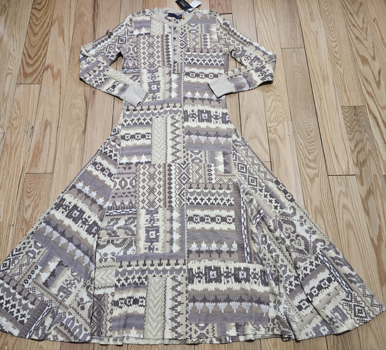 NWT Polo ralph Lauren Women’s Tan Henley Maxi Aztec Native Print Dress SZ M