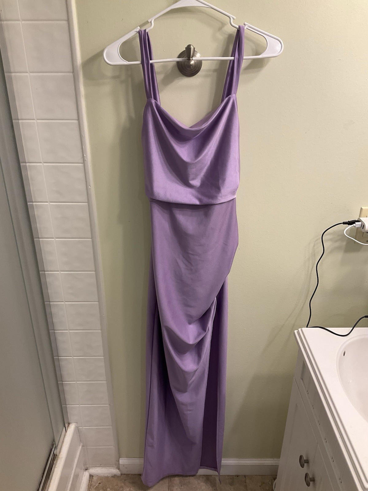 Windsor Grecian Maxi Dress Size Medium Lilac Purple Satin Slit Formal Bow