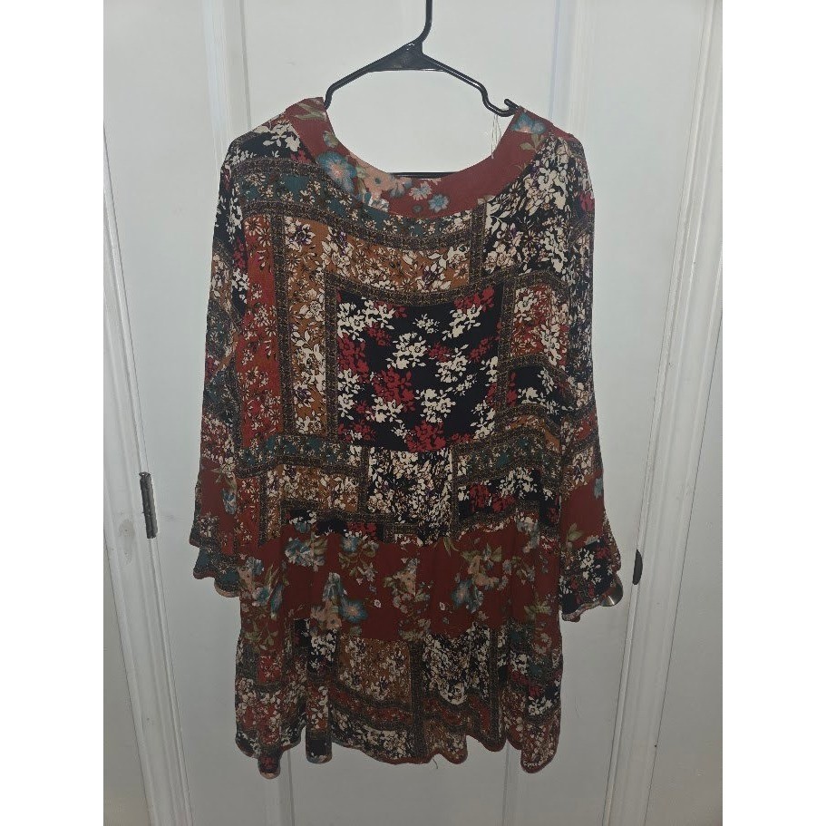 Entro Boho Patchwork Floral Rayon Mini Dress Rust 1X D13038P