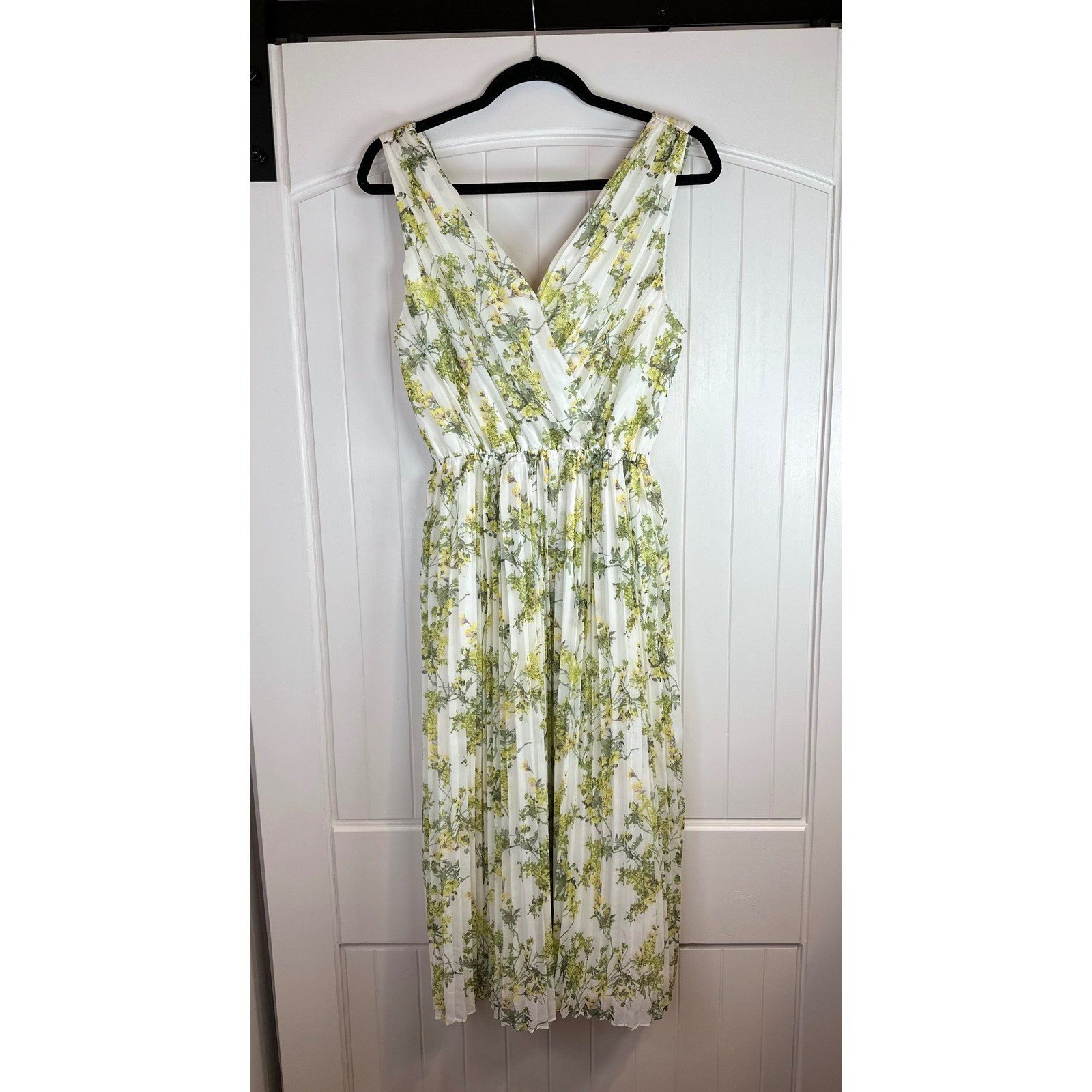 Alex Marie Floral Pleated Midi Dress Womens 4 White Yellow Green V-Neck Lined
