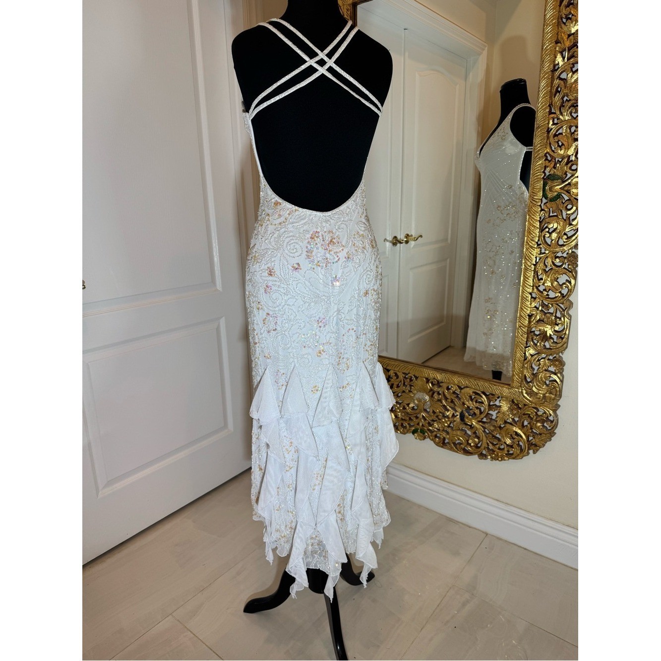 White hand Beaded Ruffle Backless Evening Dress. Power mesh stretch fabric.