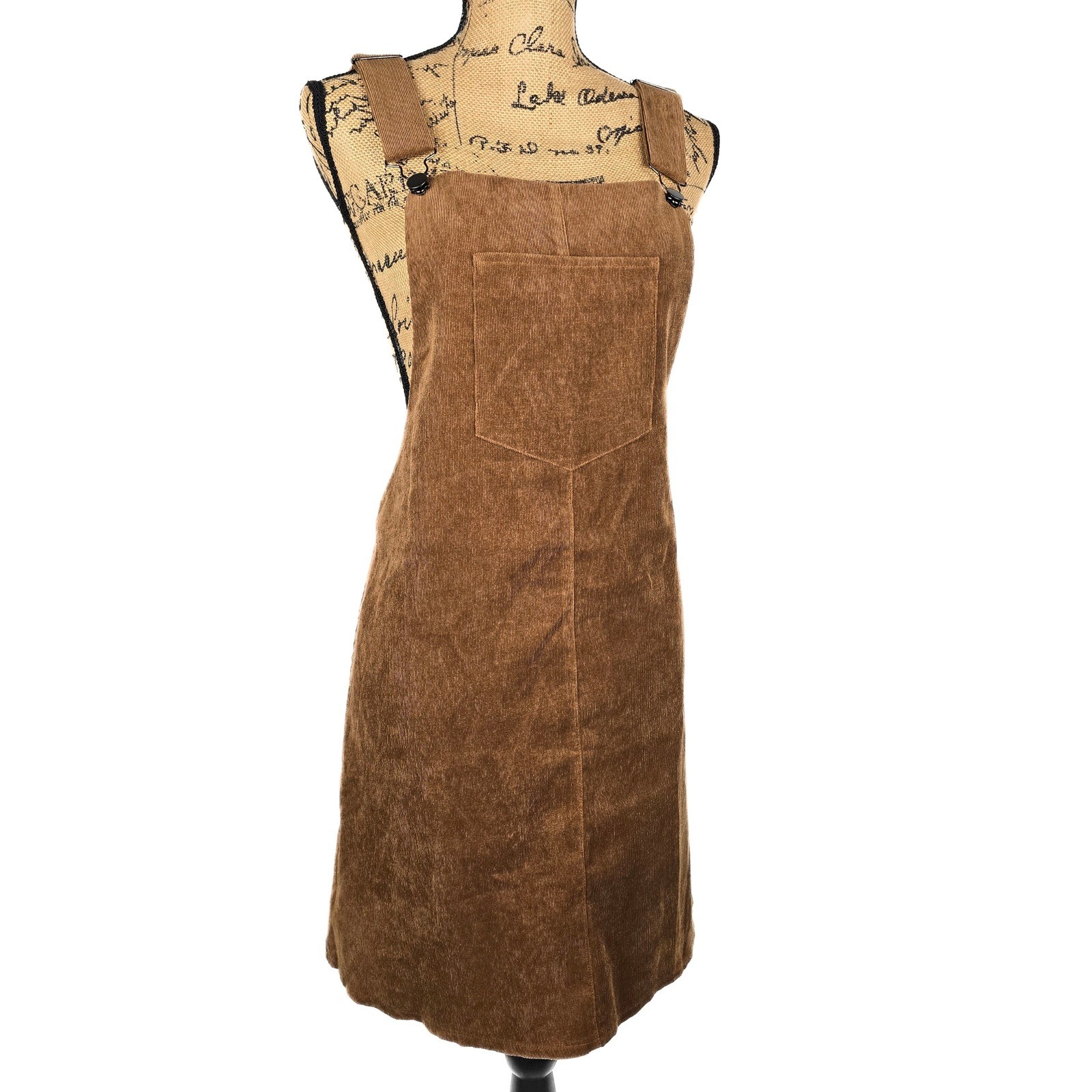 Everly Brown Corduroy Pinafore Overall Dress Large Camel Tan A-Line Bib Front