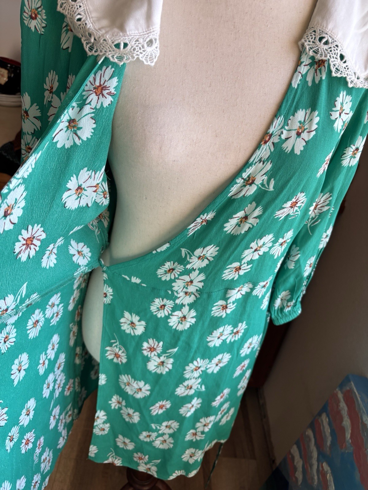 Miss Selfridge Size 8 Collared Green Floral Wrap Dress 70s Preppy New