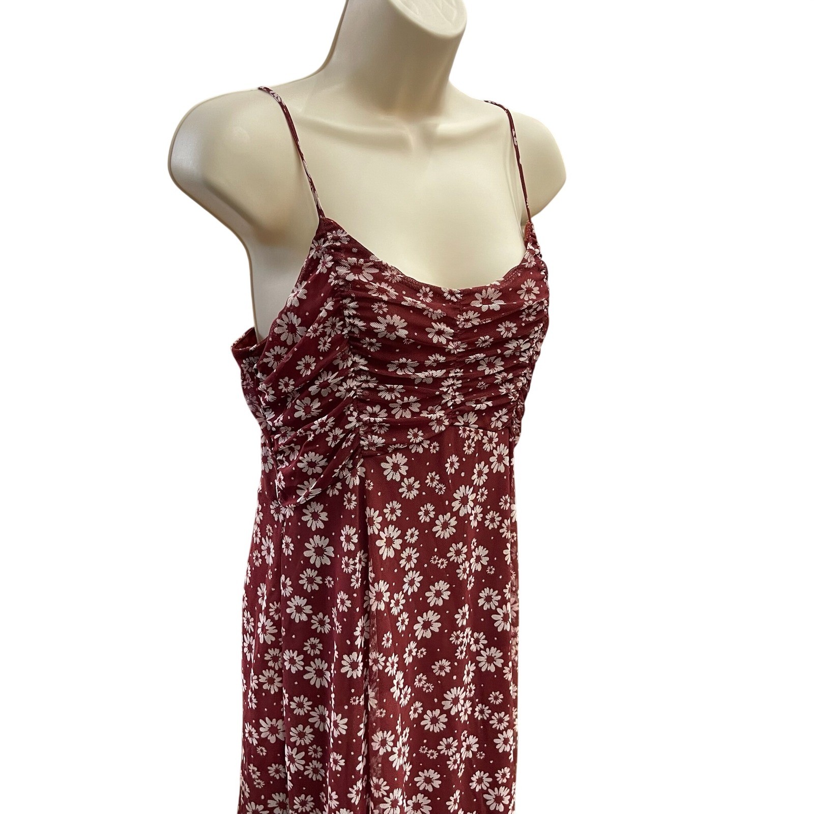 Originality Burgundy Daisy Floral Ruched Mini Dress Womens Medium Made in USA