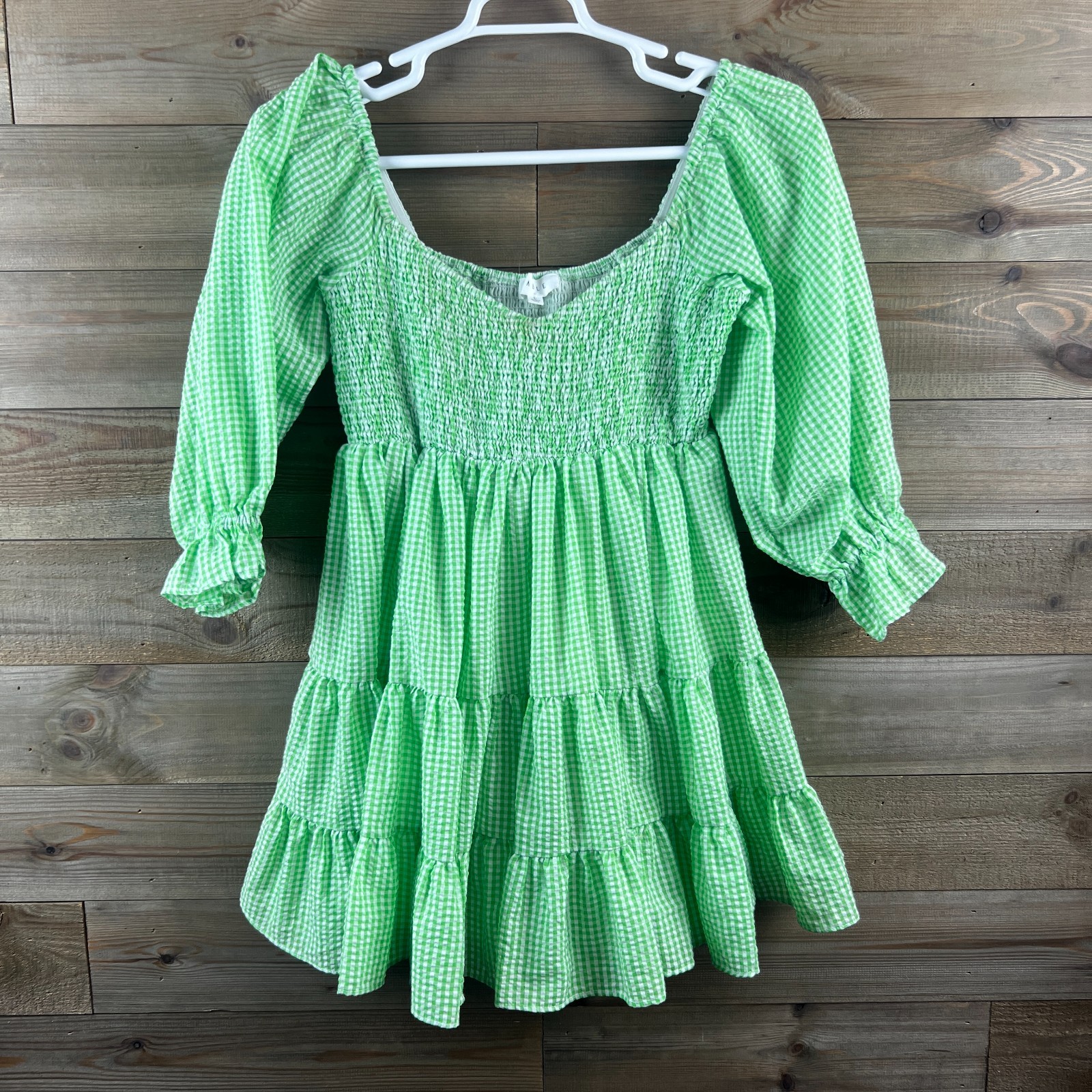 Mable Womens Dress Smocked Gingham Plaid Mini Babydoll Cottagecore Green Large