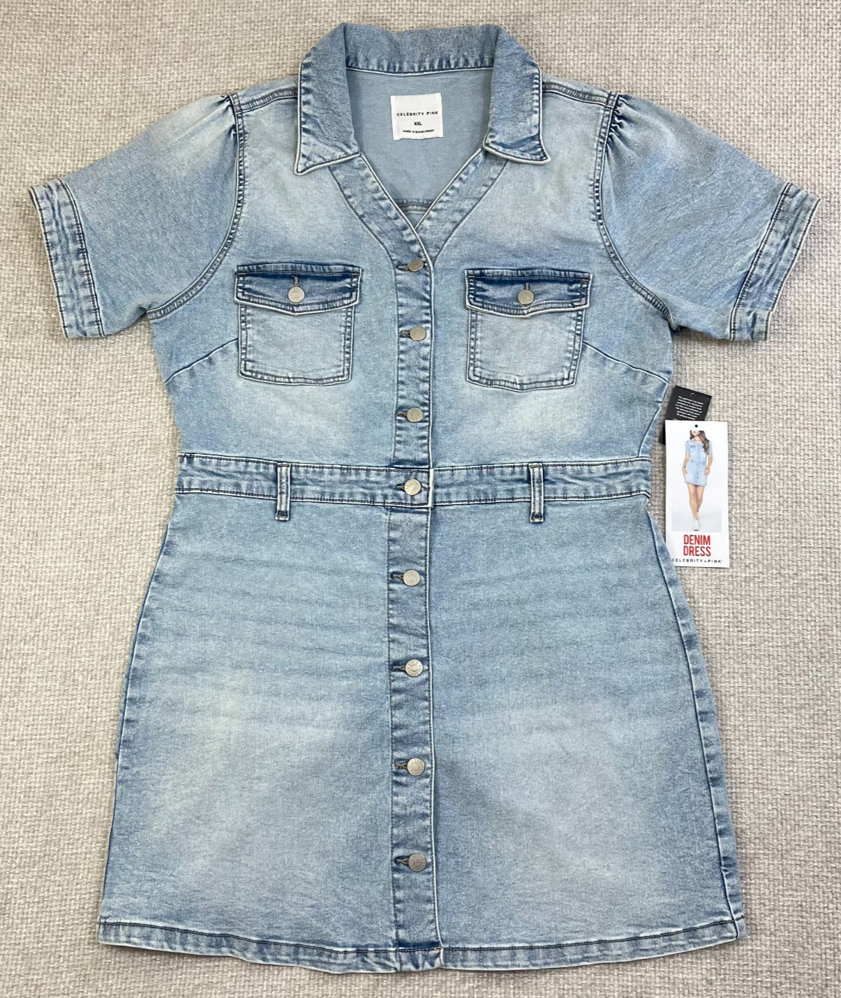 NEW Celebrity Pink Denim Dress Womens Juniors Size XXL Button Up Light Wash Blue
