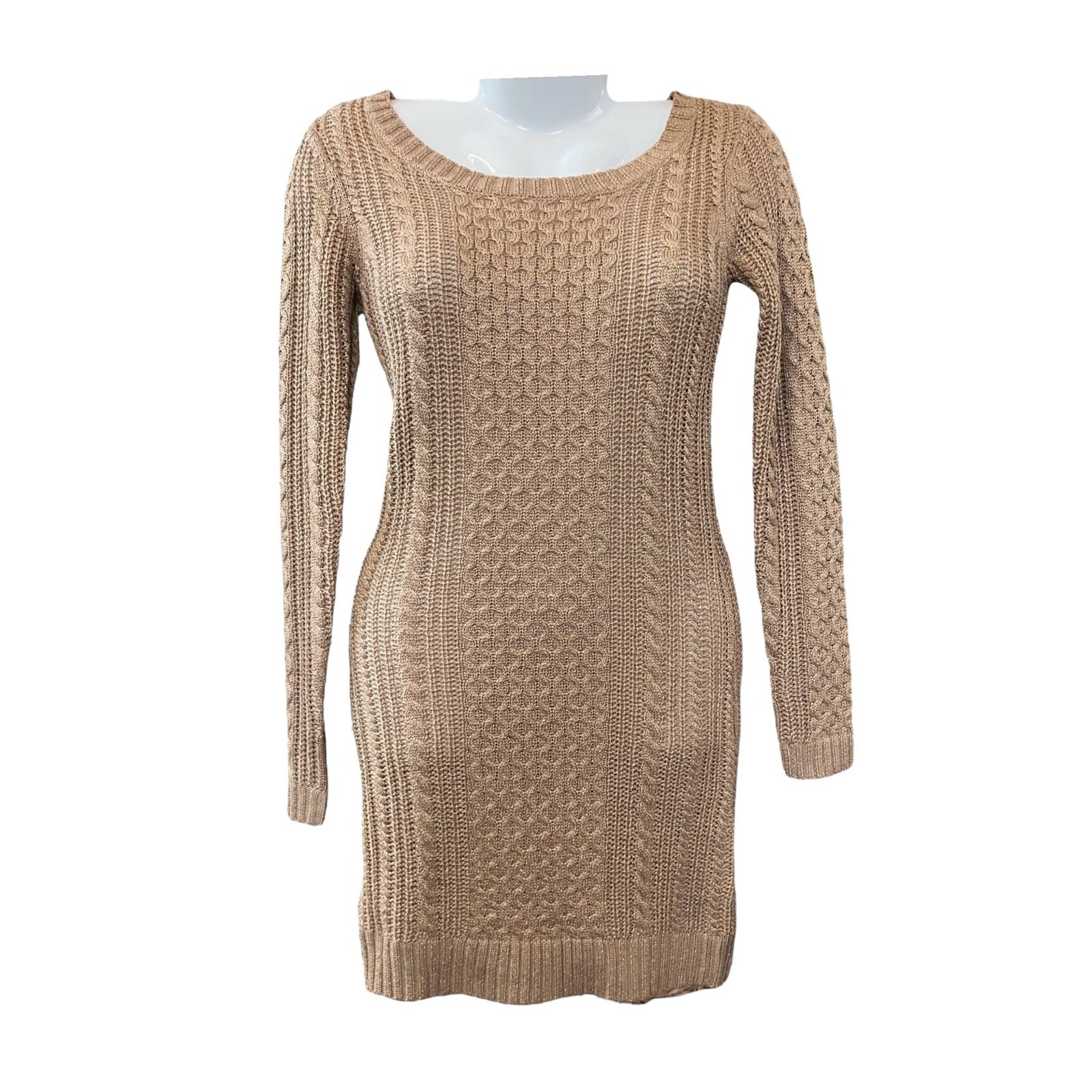 WOW Couture Women’s Gold W Metallic Slim Fit Cable Knit Sweater Dress | Size S