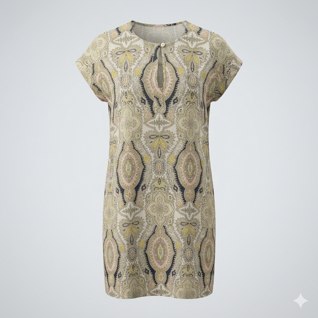 Philosophy Paisley Shift Dress Tan Yellow Pink Navy M Loose Relaxed Flowy Light