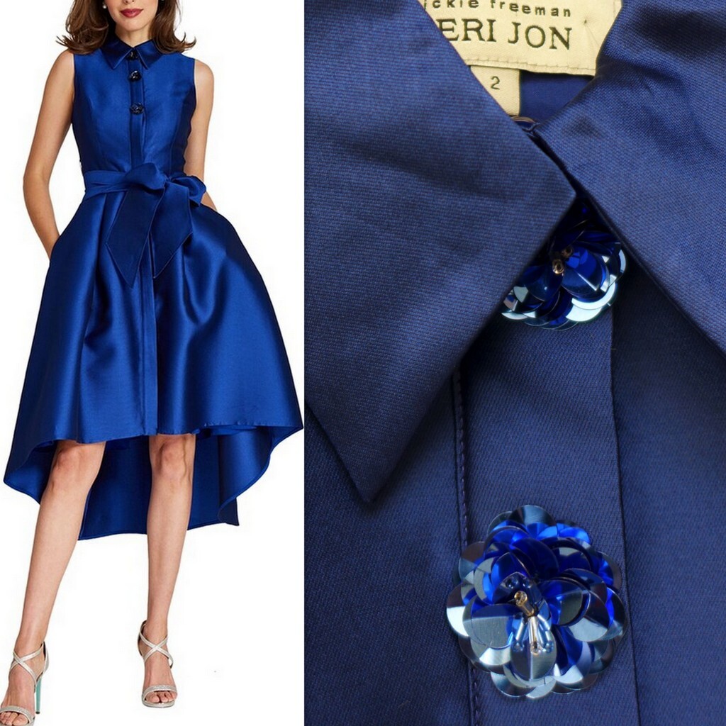 NWT TERI JON by Rickie Freeman Sequin Mikado High-Low Shirtdress in Royal 2/4