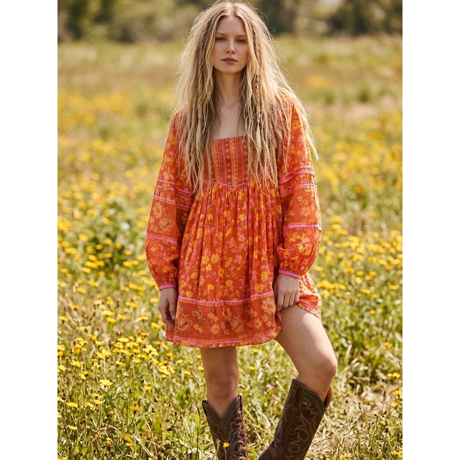 Free People Bohemian Retro 70s Flower Child Endless Afternoon Mini Dress Medium