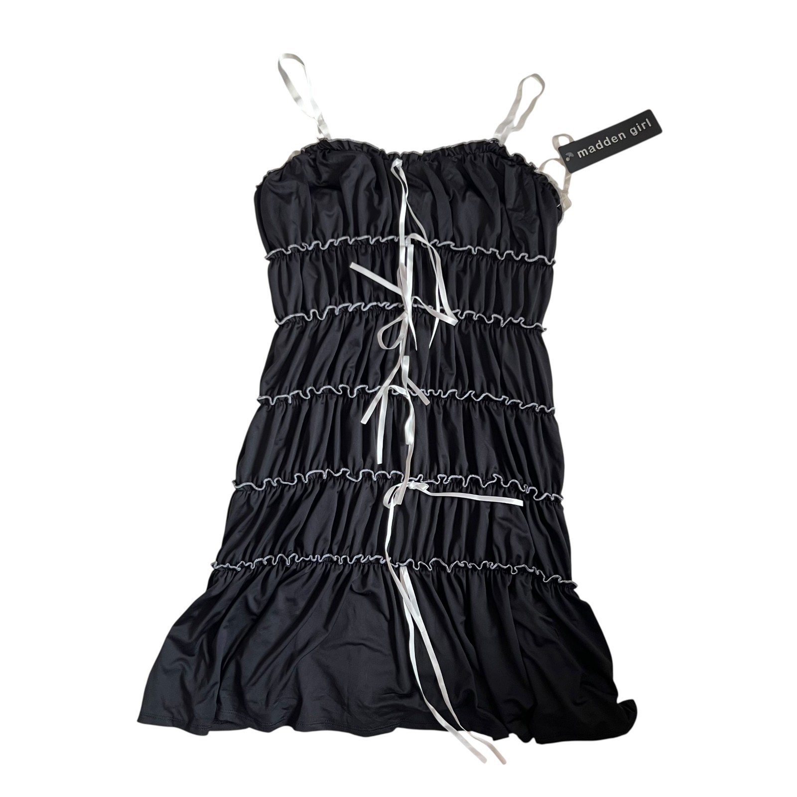Madden Girl dress Medium black white contrast trim ruffle bows short tiered mini