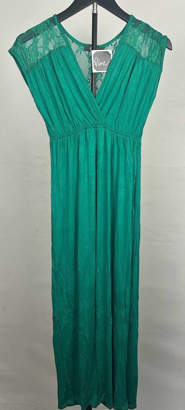 Lime Green Solid Lace Maxi Dress V-Neck Sleeveless Stretch Pullover S