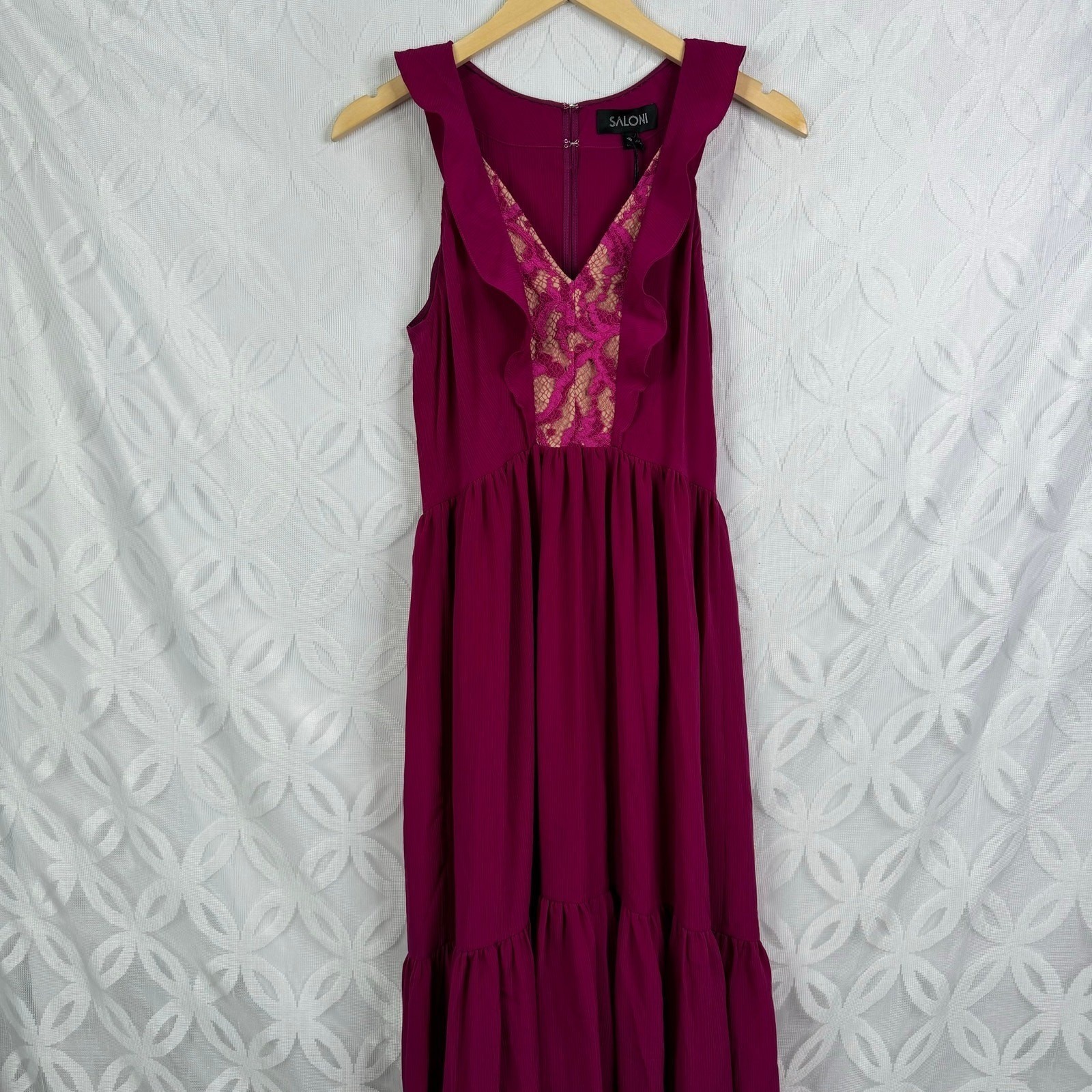SALONI Suzi Berry Crinkle Crepe Lace Maxi Dress Size 6 NWT