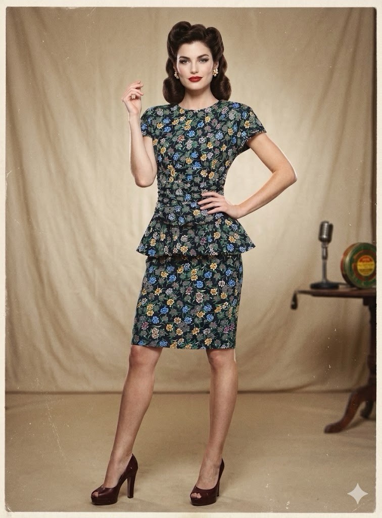 JSJ 1980s Dress Peplum Shoulder Pads Floral Gathered Size 7/8 Feminine Office