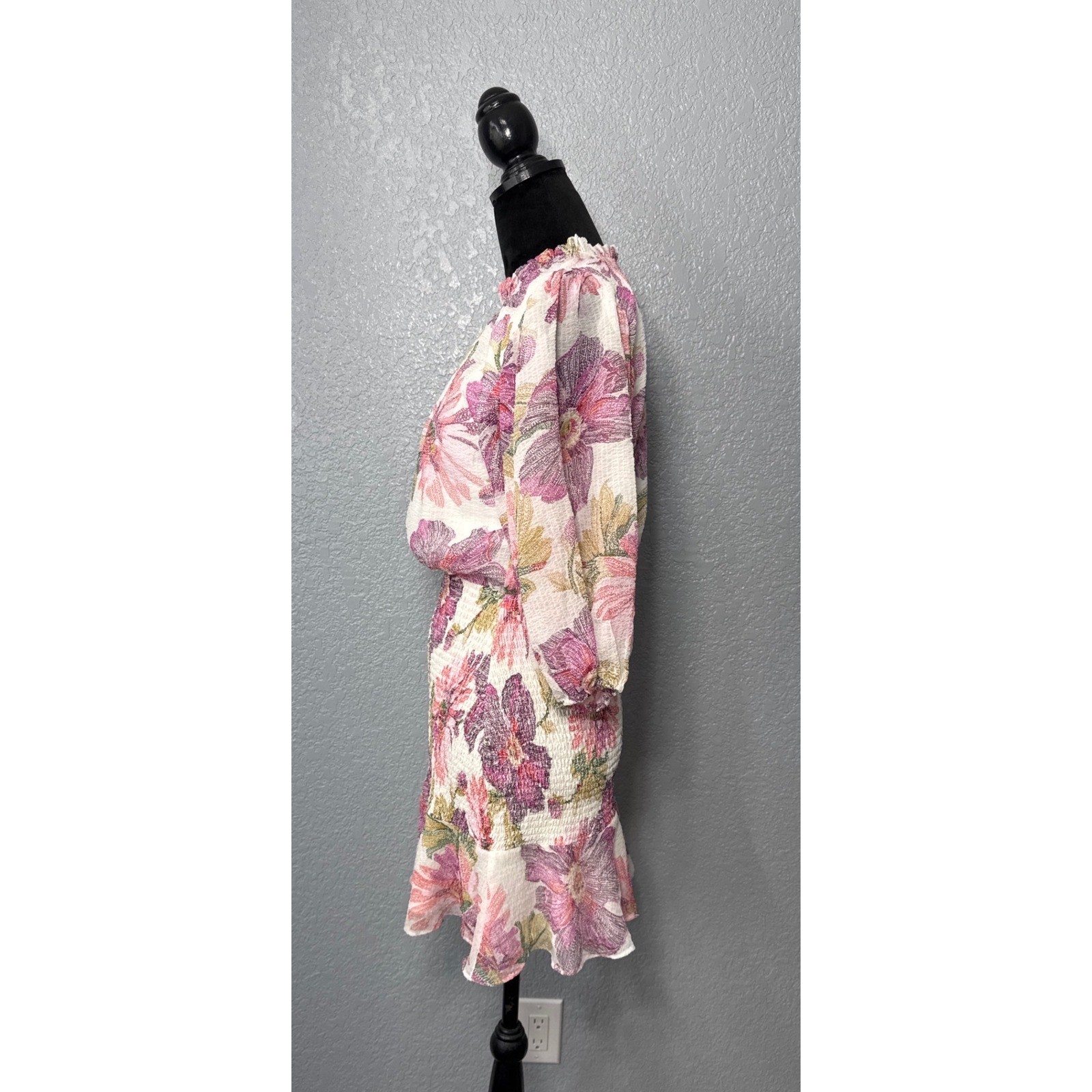 Olivaceous Womens Small Floral Smocked Mini Dress Puff Sleeve Romantic Boho