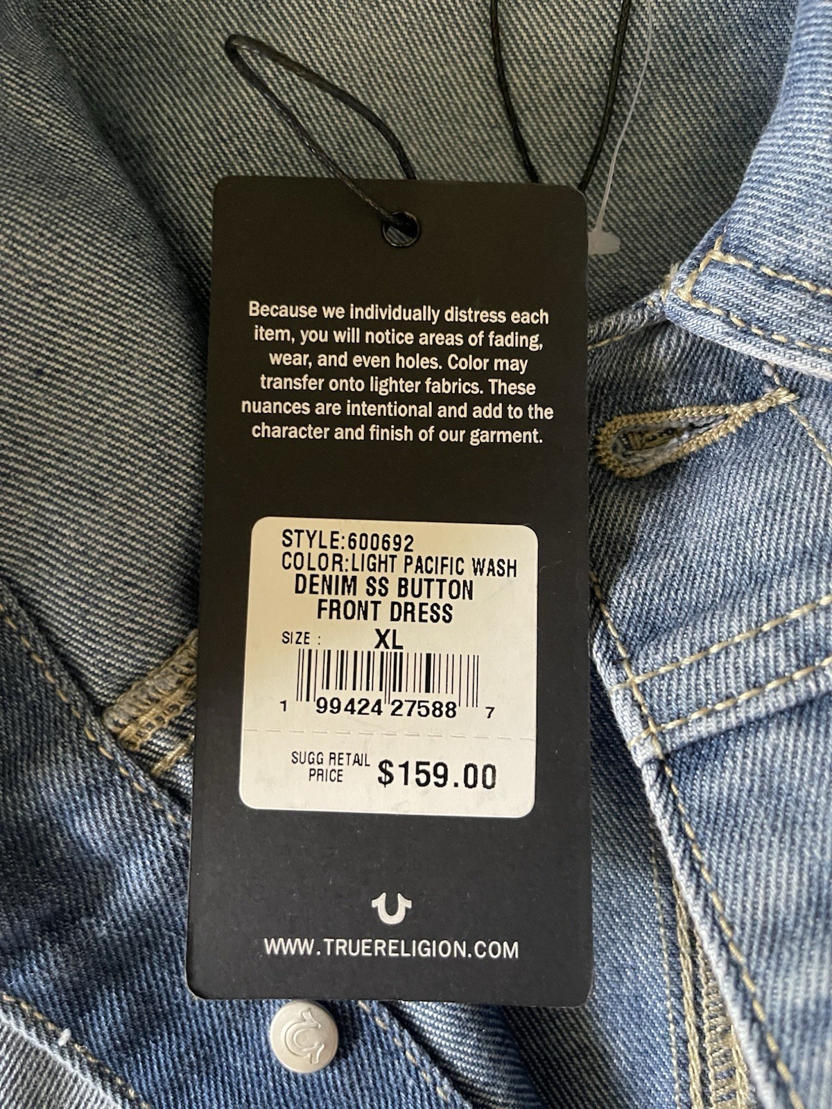 TRUE RELIGION Denim Button Front Mini Dress Light Wash Women Ladies XL $159