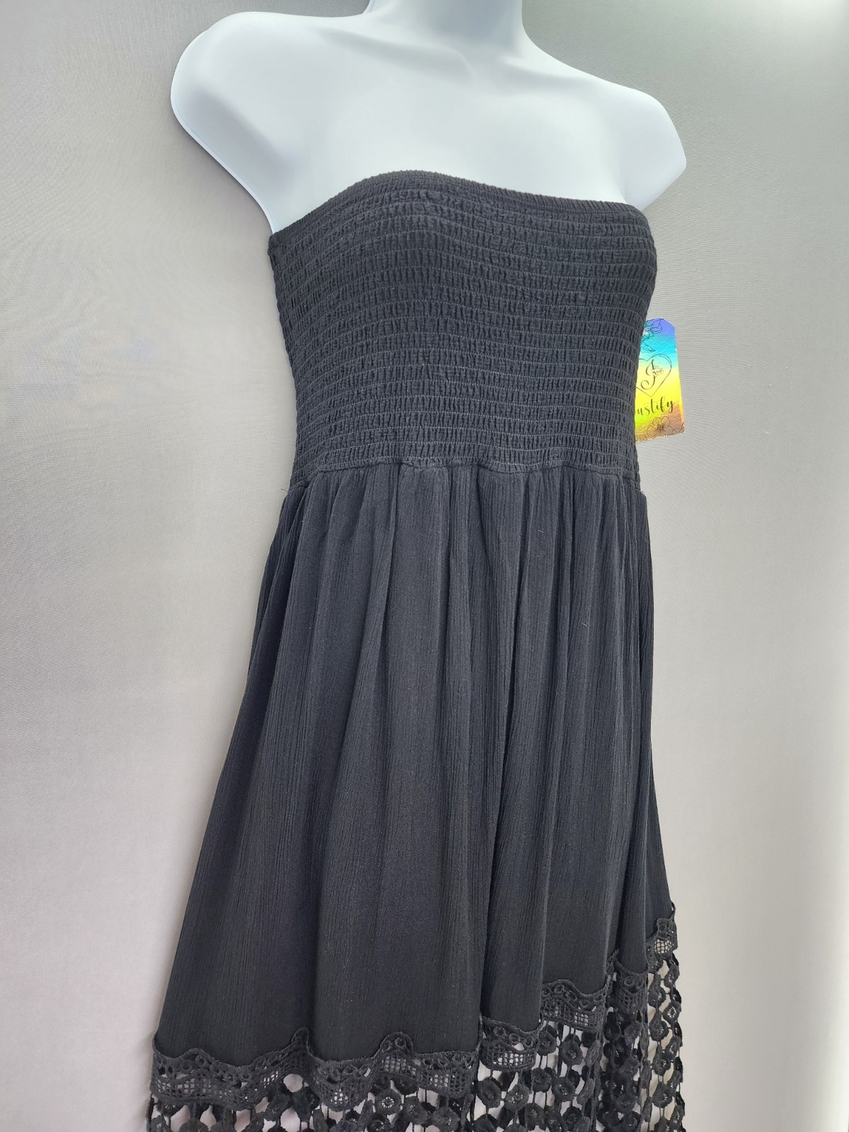 Justify L Black Strapless Smocked Maxi Dress Lace Insert Panel Crochet Lace Boho