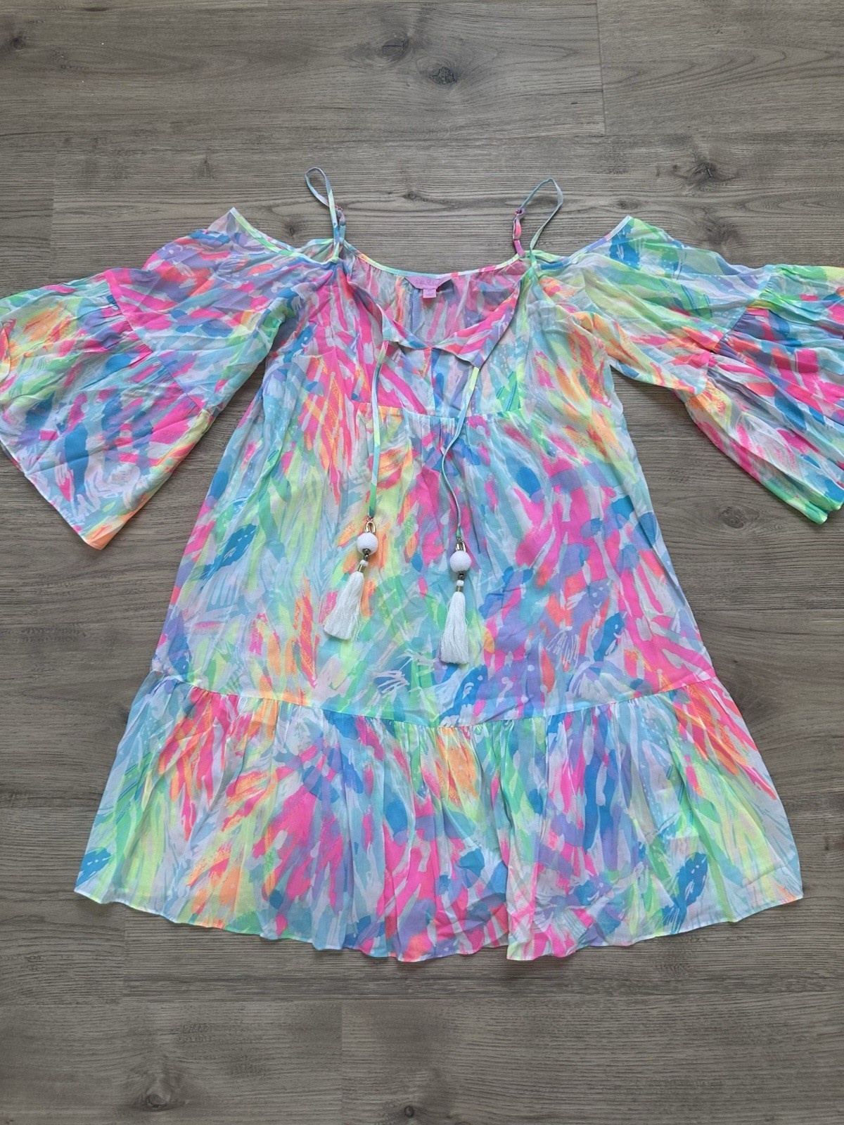 Lilly Pulitzer Multicolor Abstract A-Line Dress XS Cold Shoulder V-Neck Tassel