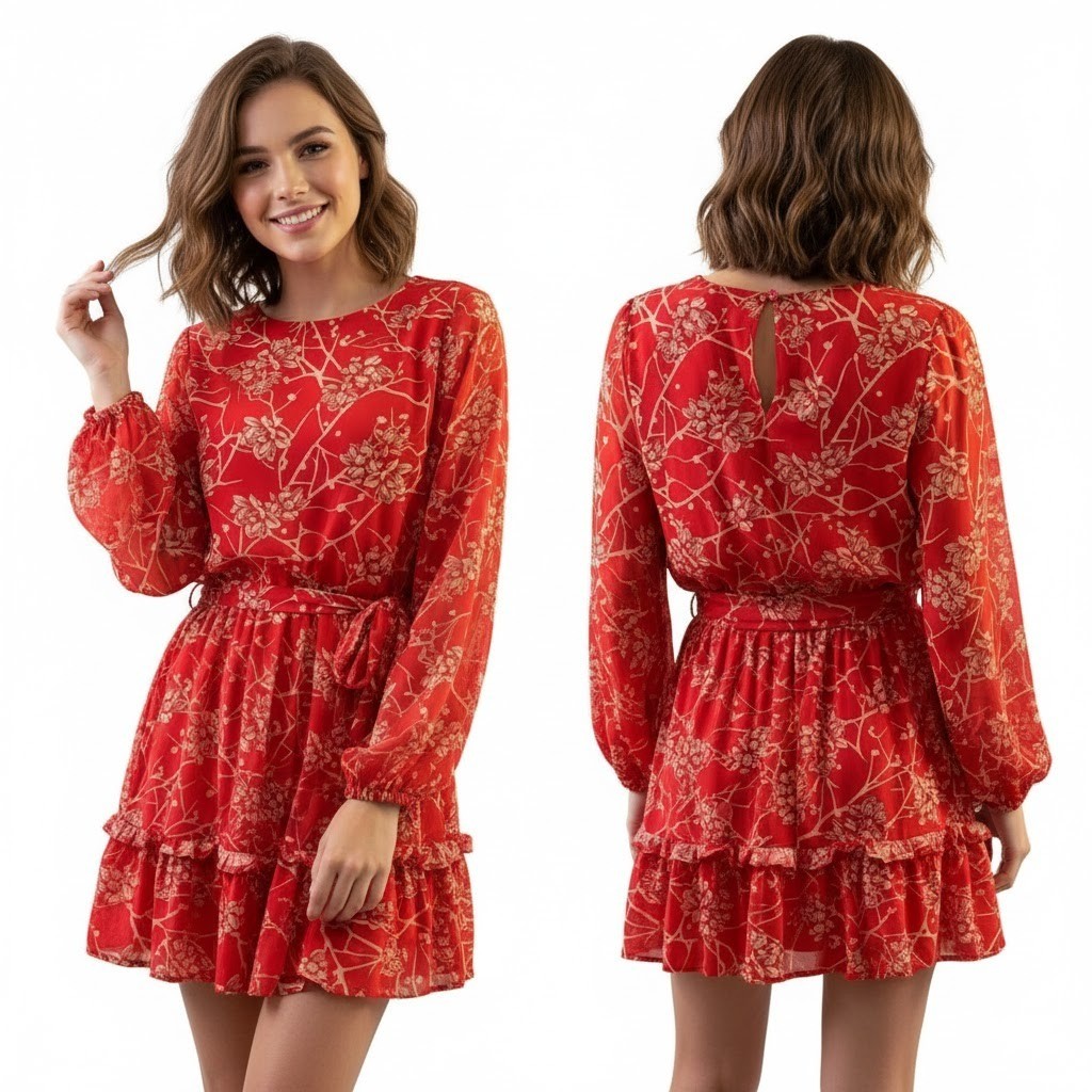 Flying Tomato Dress Pink Floral Belted Ruffle Hem Romantic Boho Short Size Small