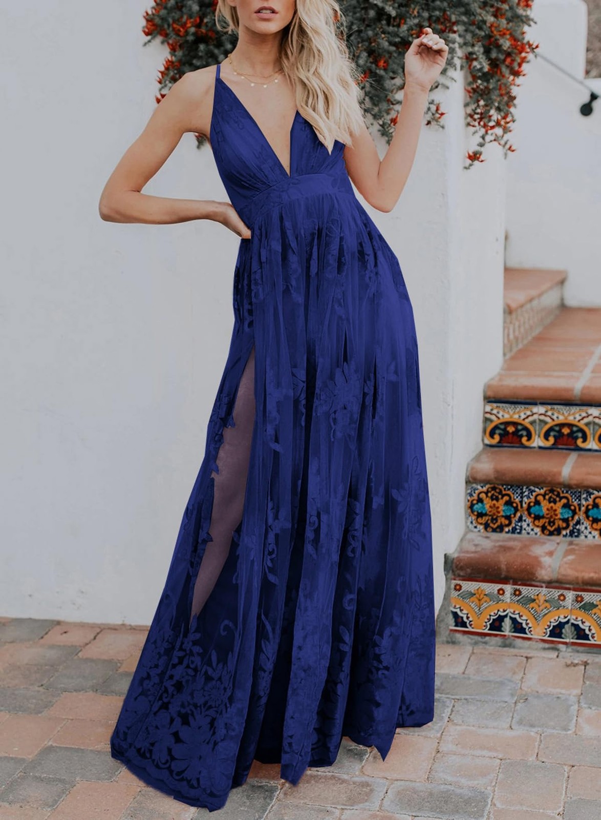 Dokotoo Formal Dress Blue Large Embroidered V-Neck Spaghetti Straps Maxi Lace