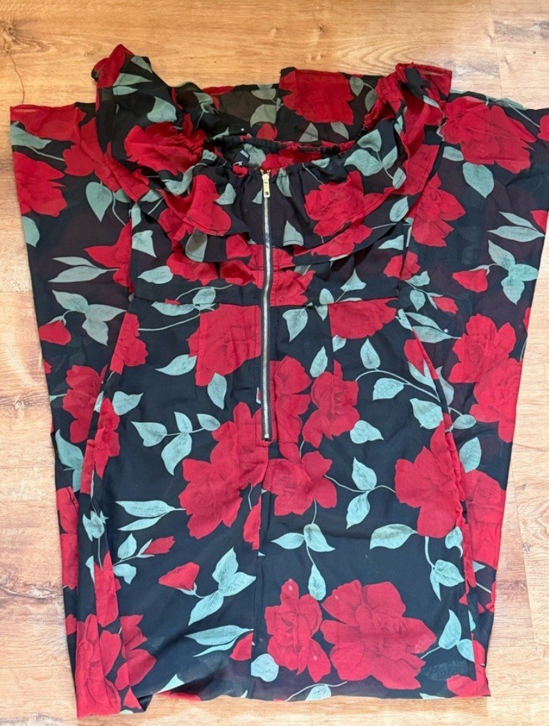 Black Red Green Floral Maxi Dress Ruffle Short Sleeve Zip Side Slit Women