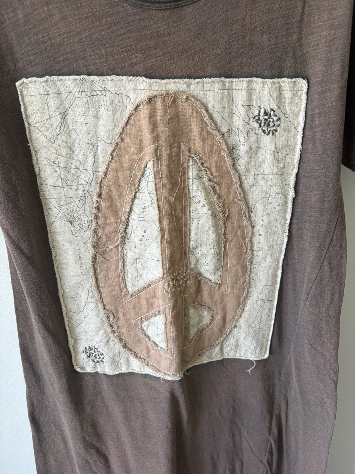 Jaded Gypsy Long Maxi Peace Tee Dress Womens OS Washed Tan Short Sleeve Tattered