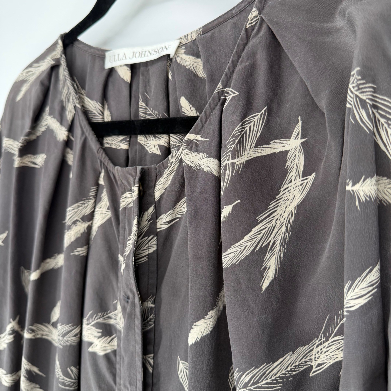 ULLA JOHNSON SILK MINI TUNIC DRESS SIZE 4 FEATHER PRINT BOHO CHIC – NOTE FLAW