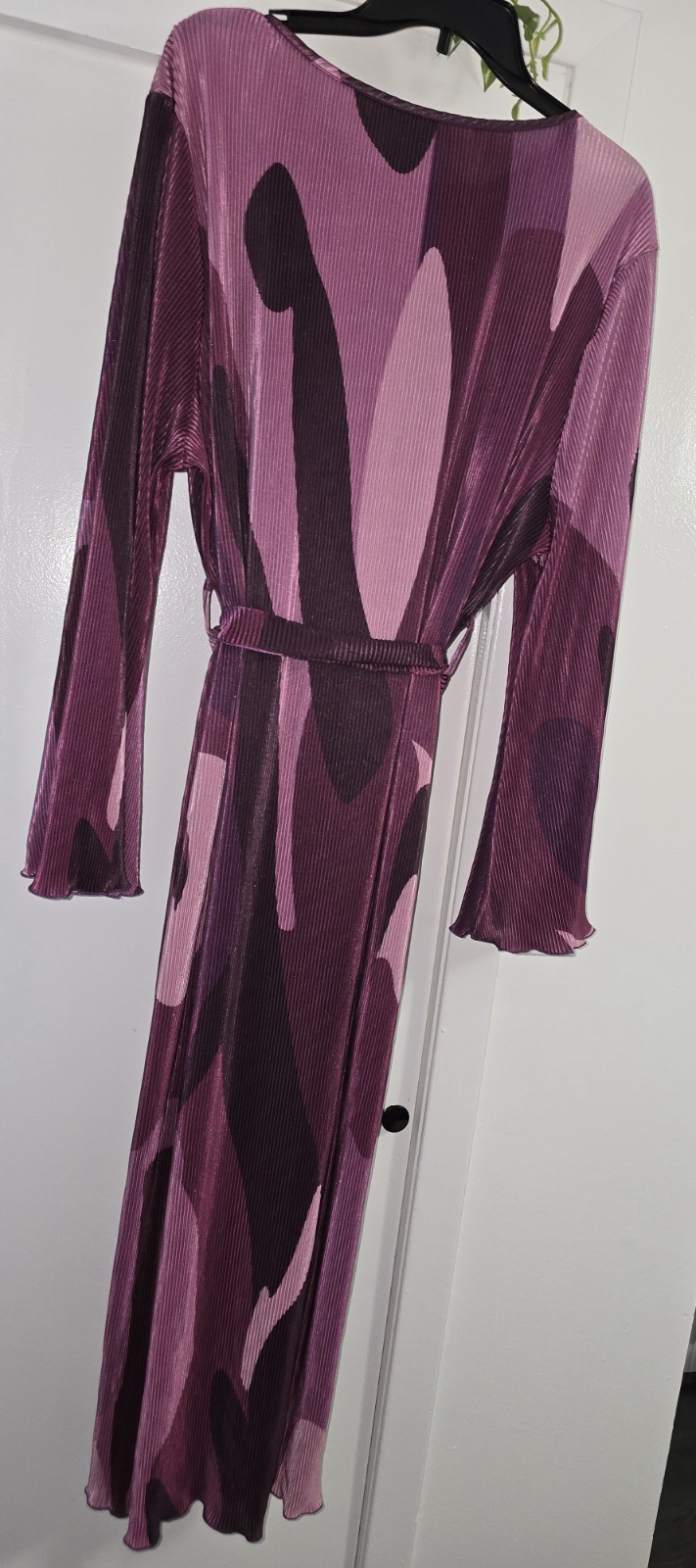 Women’s Mauve Abstract Pleated Midi Dress Bell Sleeve Belted 2XL
