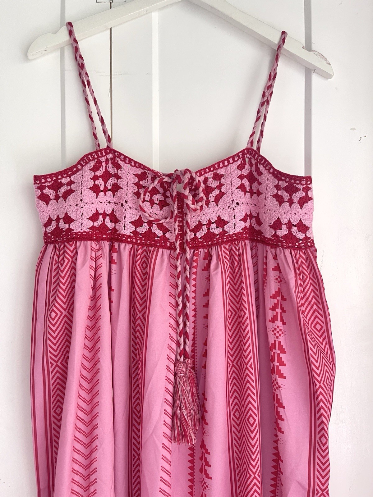 Women Sz L Boho Maxi Dress Crochet Patchwork Sleeveless Long Flowy Swing Dress