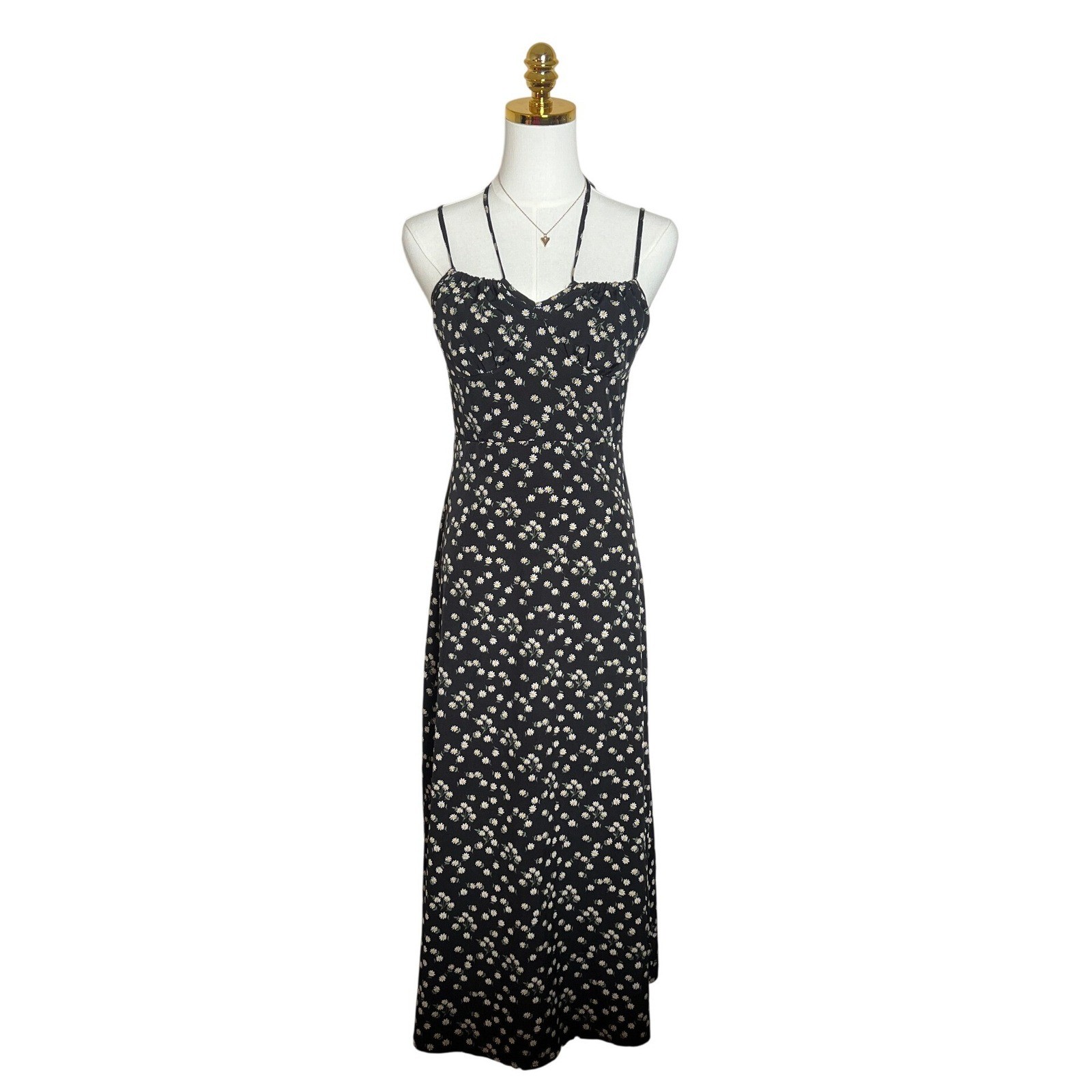 Floral Daisy Midi Dress Black Sweetheart Halter Spaghetti Strap Summer Sun Dress