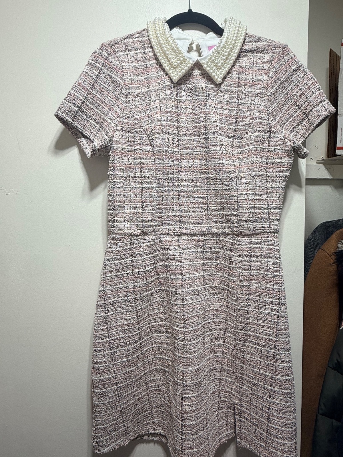 francesca’s Pink/White Plaid Tweed Pearl Collar Shift Mini Dress Short Sleeve L