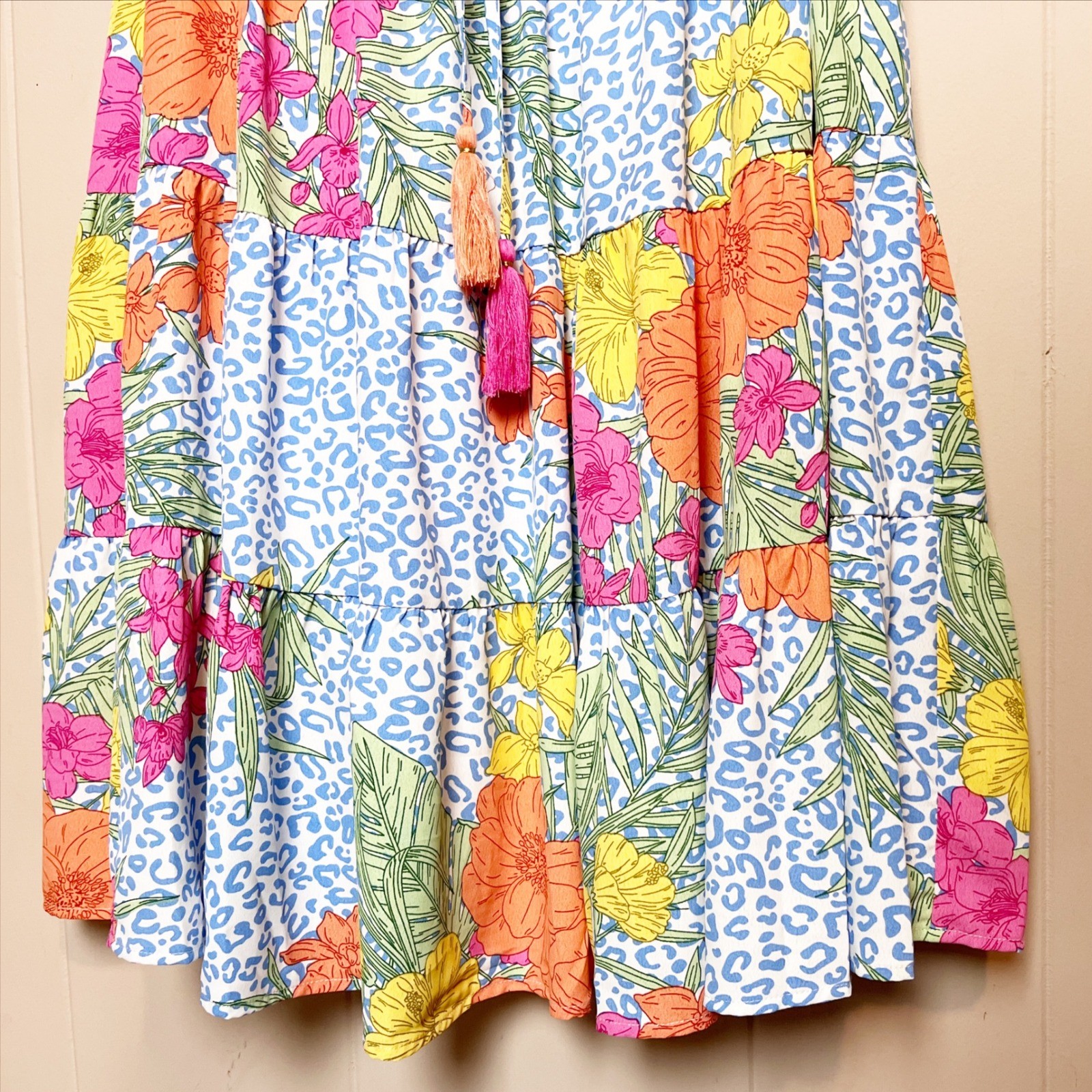 Coast NWT Floral Midi Dress Medium Leopard Print Tiered Tie Waist Beachy Blue