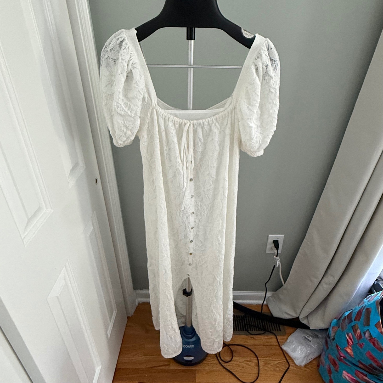 Zara White Textured Puff Sleeve Midi Dress Square Neck Cottagecore Boho Large