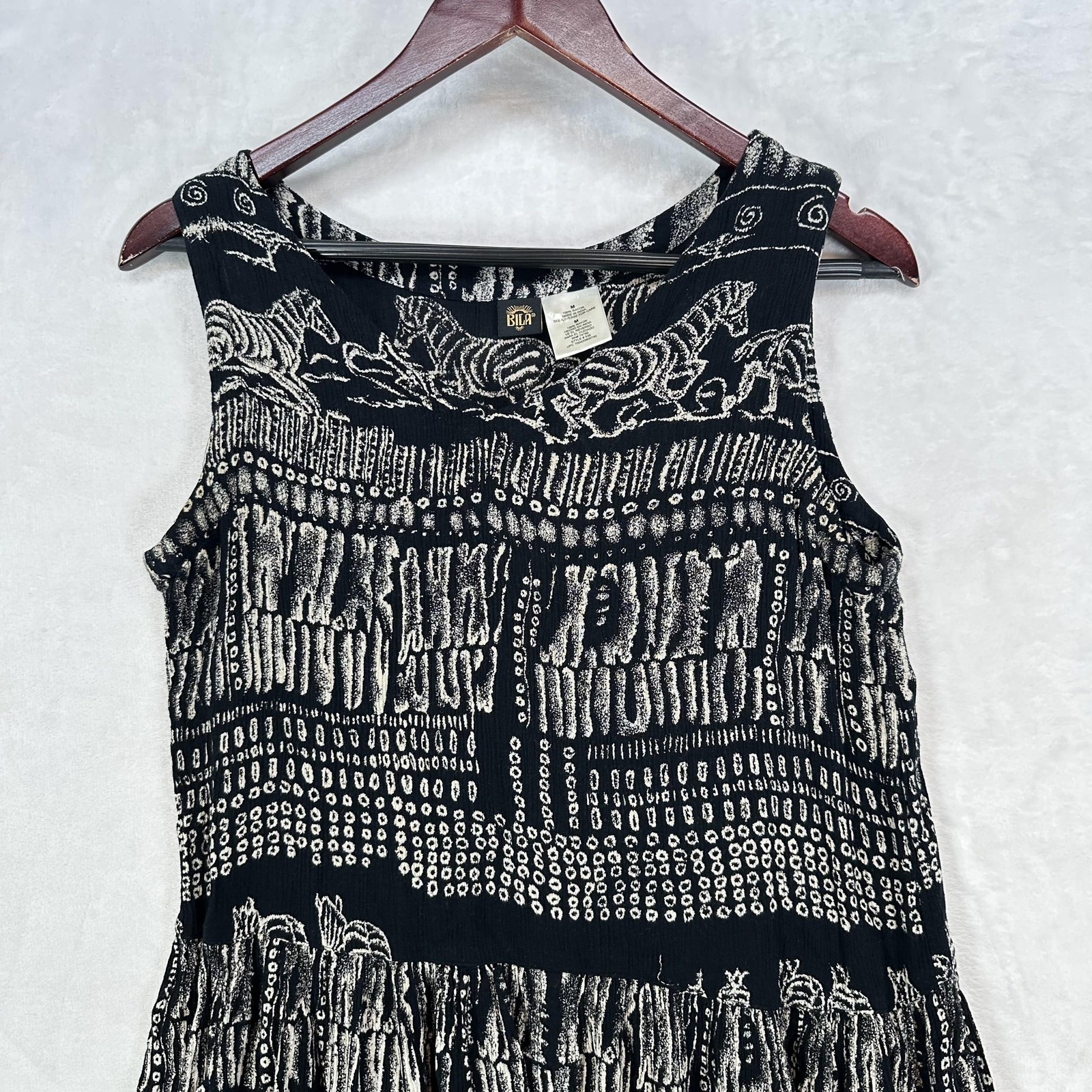 Bila Dress Womens Medium Black White Tiered Sleeveless Boho Midi Horse Zebra