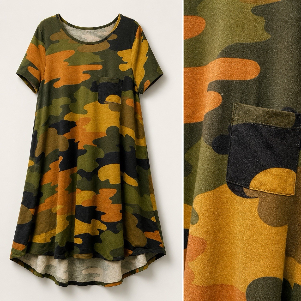 LuLaRoe Carly Dress XL Green Camo Chest Pocket High Low T-Shirt Tunic Casual