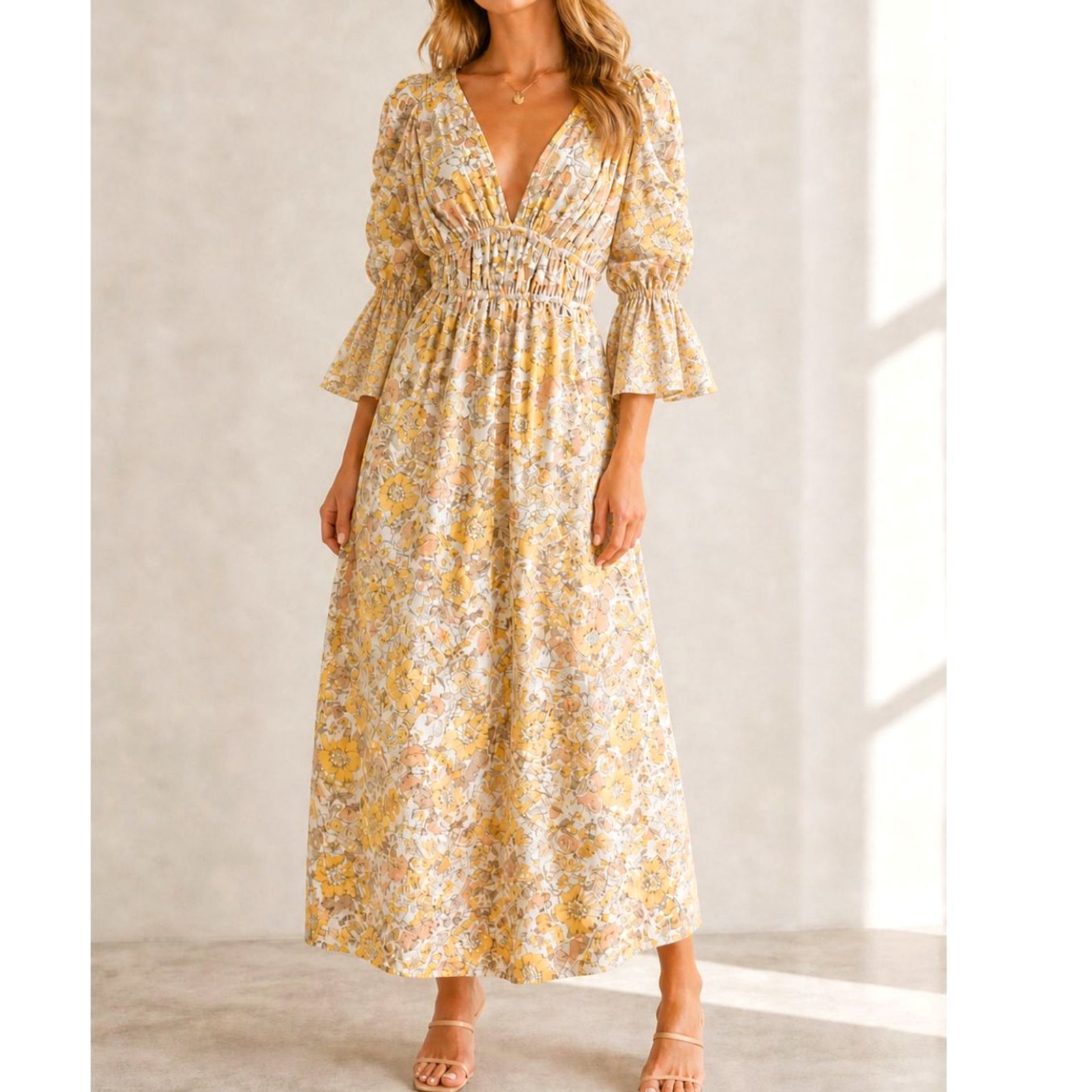 Yellow Babydoll Floral Dress S Flare Sleeve Midi RenFaire Milkmaid Cottage Fairy