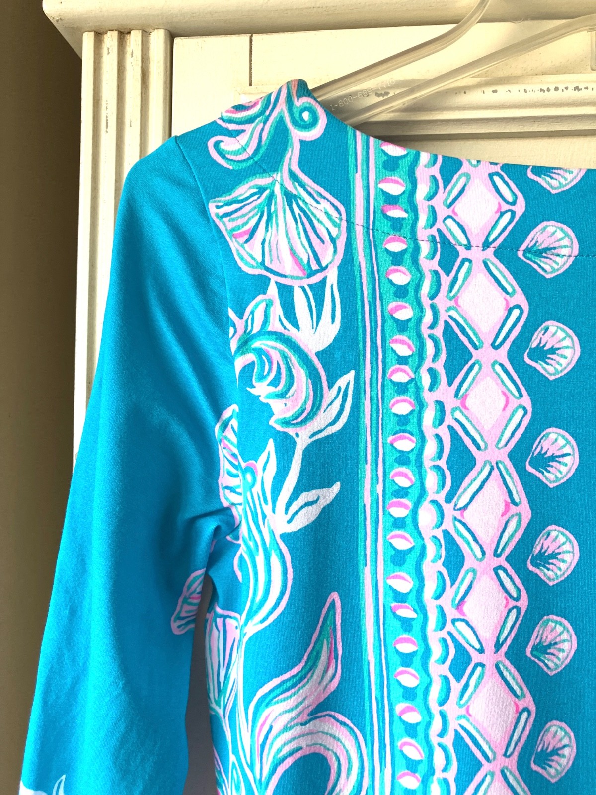 Lilly Pulitzer Tana Turquoise/Pink Shell Print UPF Stretch T Shirt Dress XS NWOT