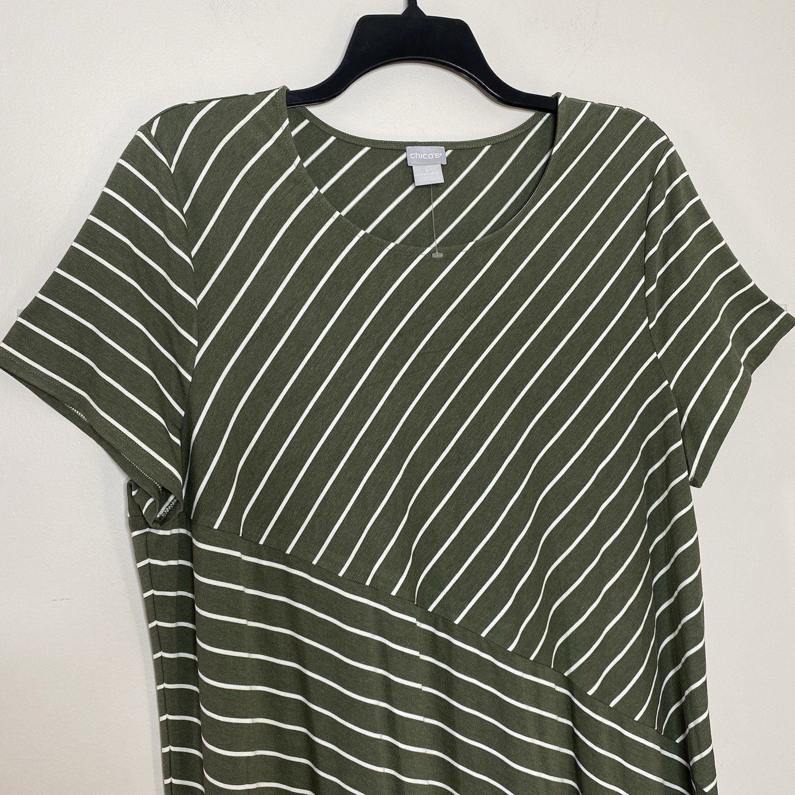 Chico’s Spliced Striped A Line Stretch Dress Sage Green White Size 4 U.S 20/22