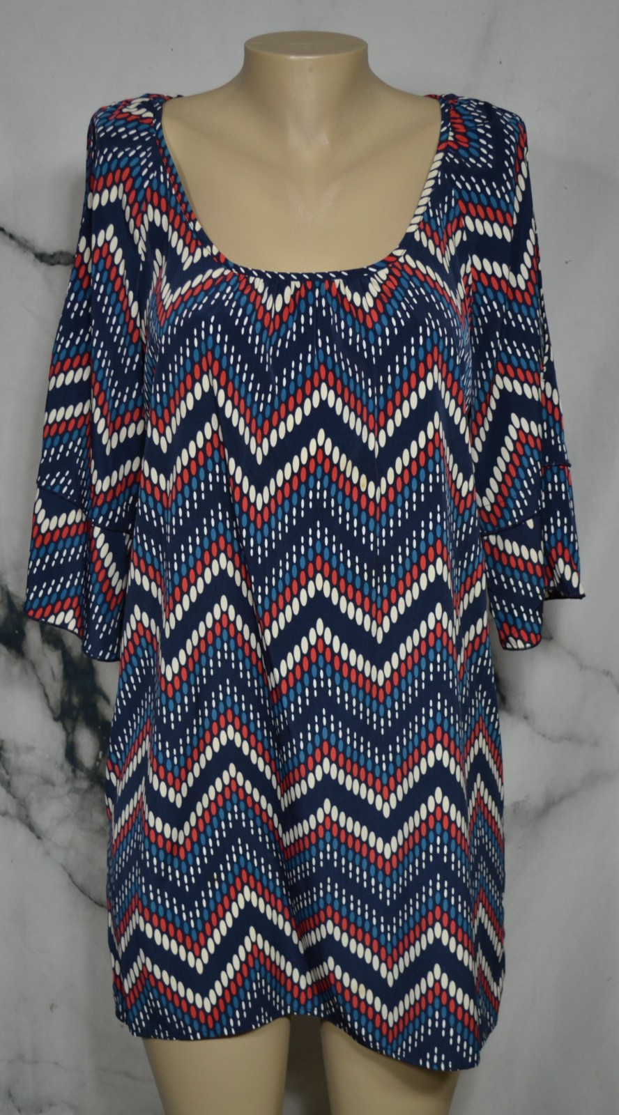 GLAM Black Beige Red Blue Oval Pattern Dress Medium 3/4 Split Flared Sleeves