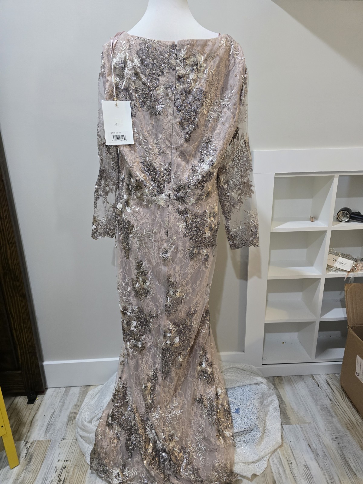 Mac Duggal 67539 Embellished V-neck Illusions Gown NWT Size 18 Taupe