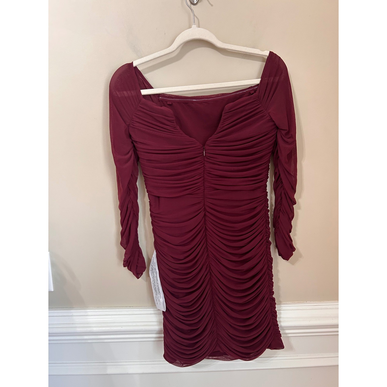 Dress the Population Dawn Burgundy Ruched Mesh Mini Dress Long Sleeve Size L