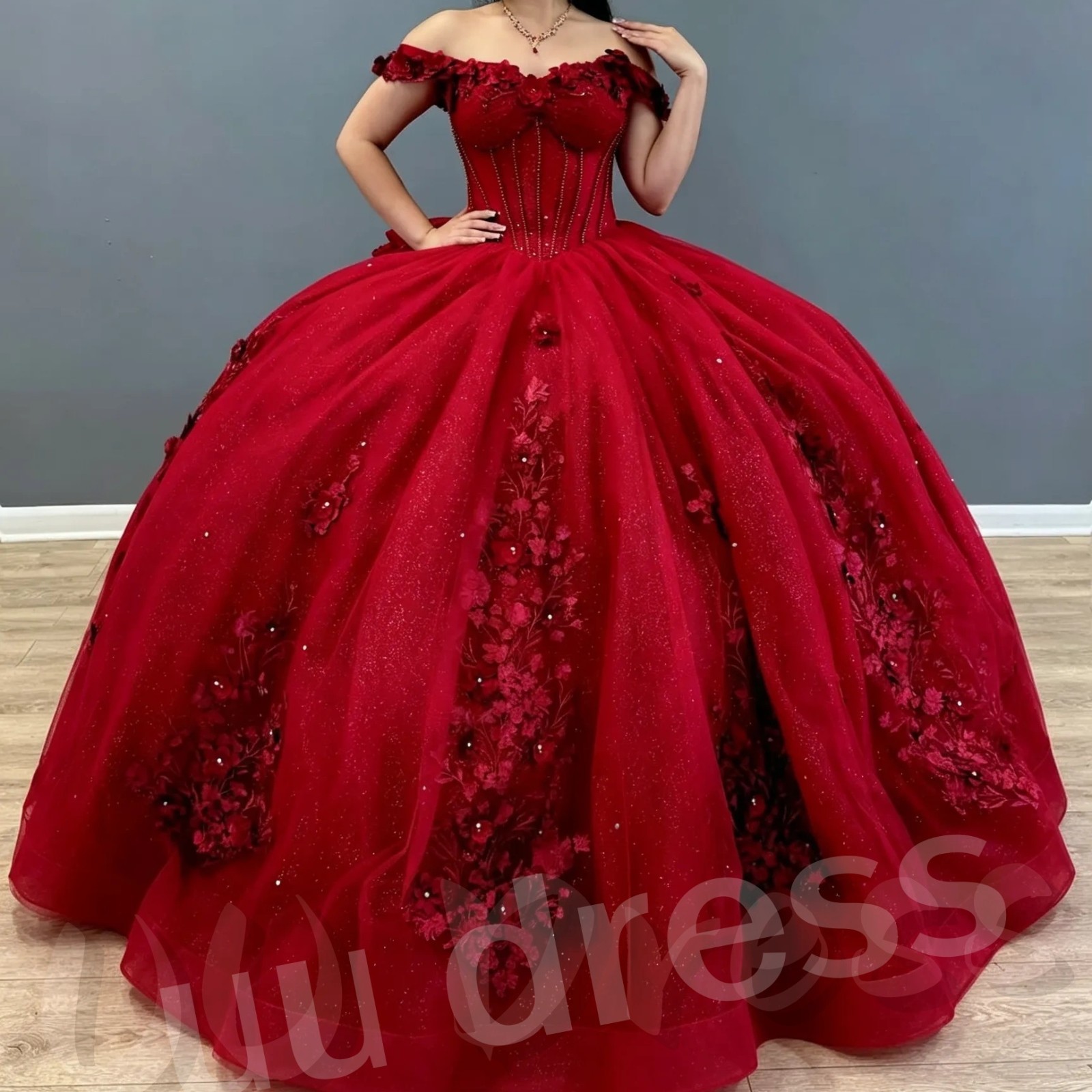 Red Quinceanera Dresses with Bow 3D Flowers Sweetheart Prom Party Ball Gowns